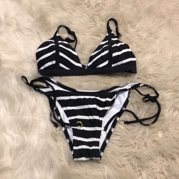 Neon Tide Black and White Stripe String Bikini XS - Picture 1 of 8
